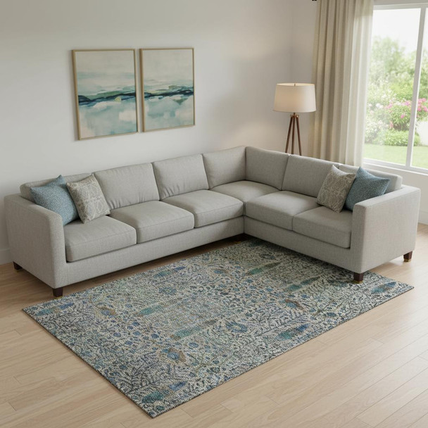 8' X 10' Brown And Teal Floral Vines Washable Area Rug With UV Protection