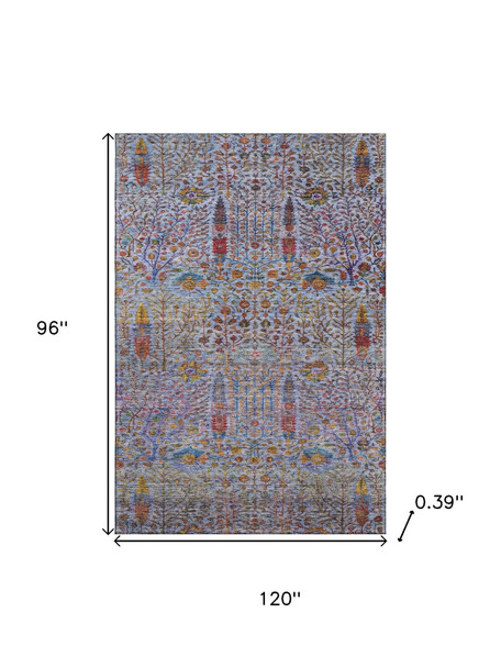 8' X 10' Blue And Red Floral Vines Washable Area Rug With UV Protection