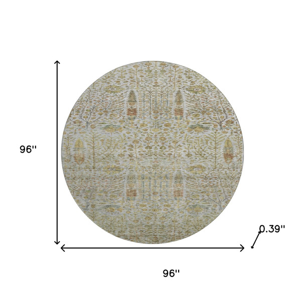 8' Linen And Gold Floral Vines Washable Round Rug With UV Protection