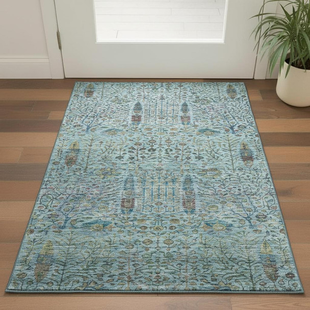 3' X 5' Teal And Pale Aqua Floral Vines Washable Area Rug With UV Protection