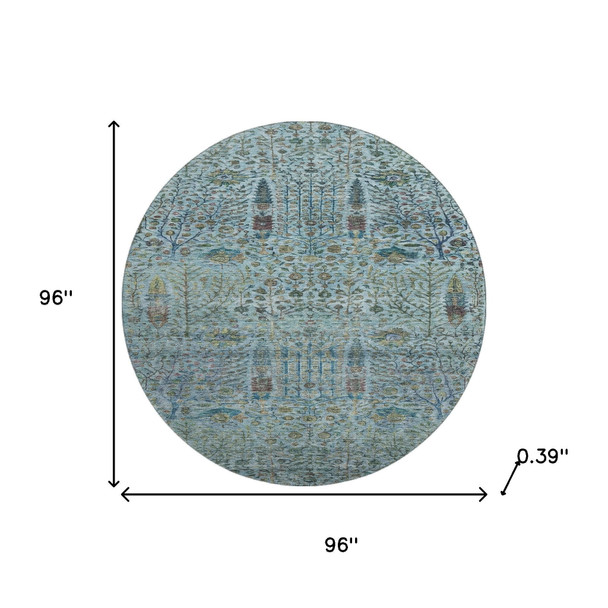 8' Teal And Pale Aqua Floral Vines Washable Round Rug With UV Protection