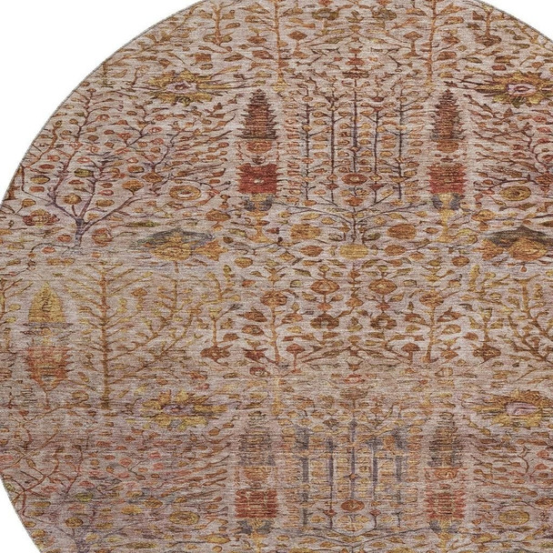 8' Terra Cotta And Beige Floral Vines Washable Round Rug With UV Protection