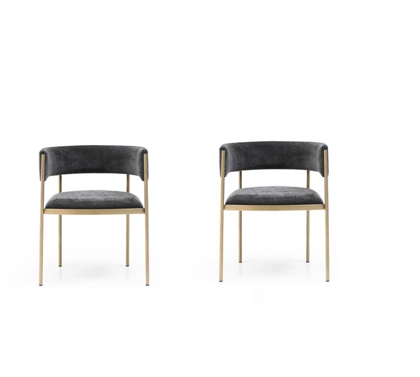 Set of Two Charcoal and Gold Velvet Partially Open Back Dining Arm Chairs