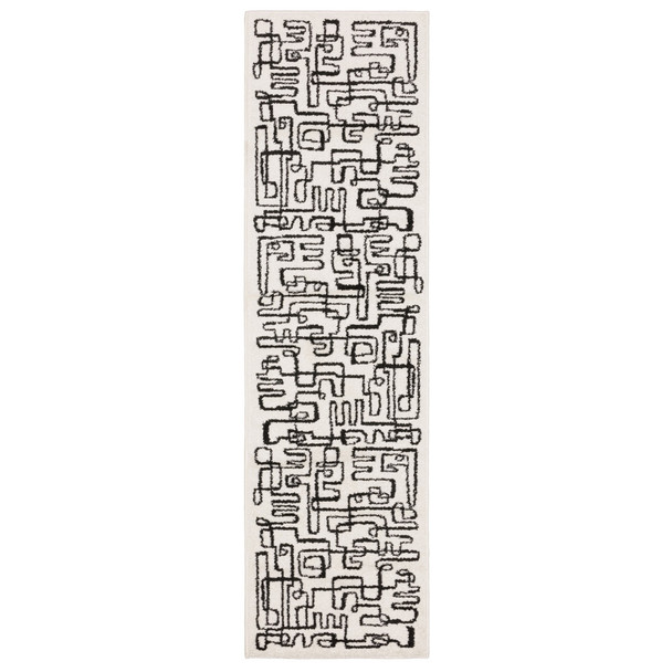 7' Beige And Black Geometric Runner Rug
