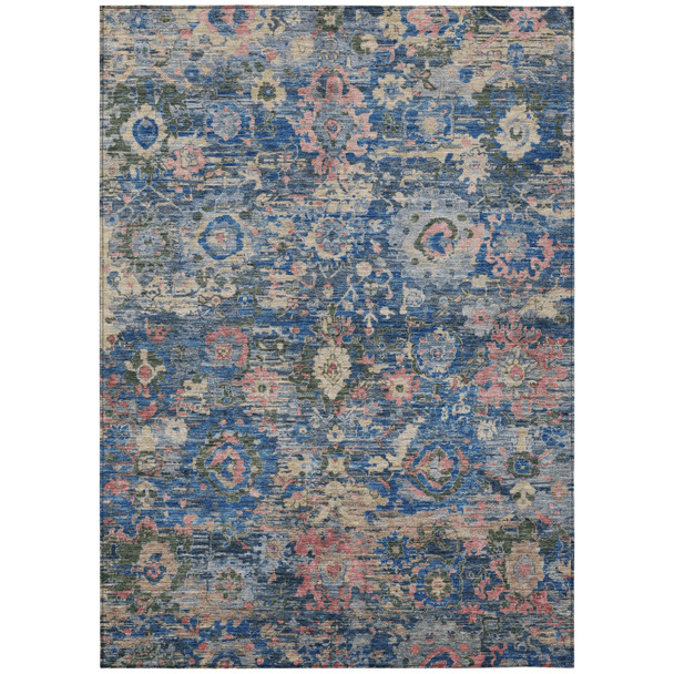 9' X 12' Navy Blue And Denim Blue Floral Washable Indoor Outdoor Area Rug