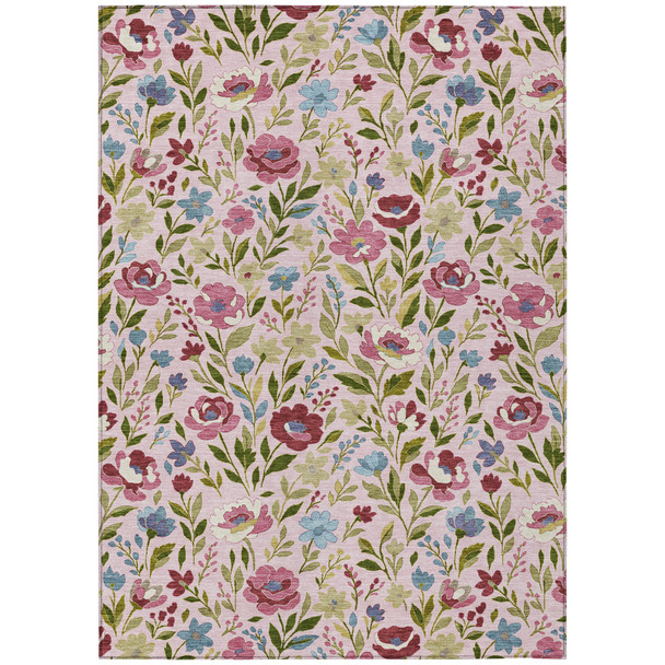 3' X 5' Pink And Linen Floral Washable Indoor Outdoor Area Rug