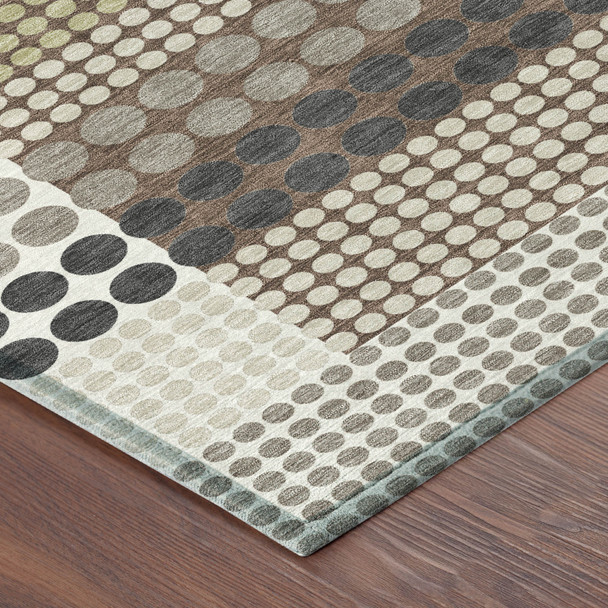 8' Taupe And Gold Round Geometric Washable Indoor Outdoor Area Rug