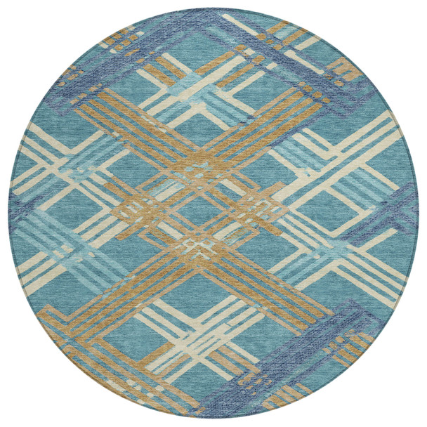 8' Teal Blue And Beige Round Geometric Washable Indoor Outdoor Area Rug