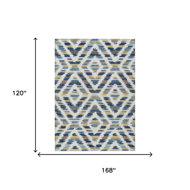 10' X 14' Navy Blue And Ivory Tribal Washable Indoor Outdoor Area Rug