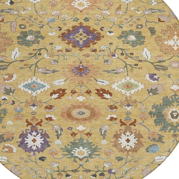 8' Gold And Copper Round Floral Medallion Washable Indoor Outdoor Area Rug