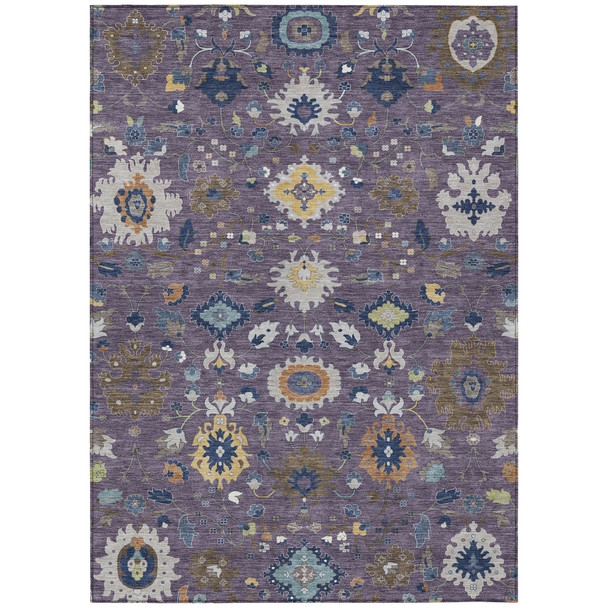 9' X 12' Plum And Navy Blue Floral Medallion Washable Indoor Outdoor Area Rug
