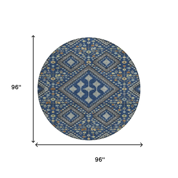 8' Navy Blue And Ivory Round Medallion Washable Indoor Outdoor Area Rug