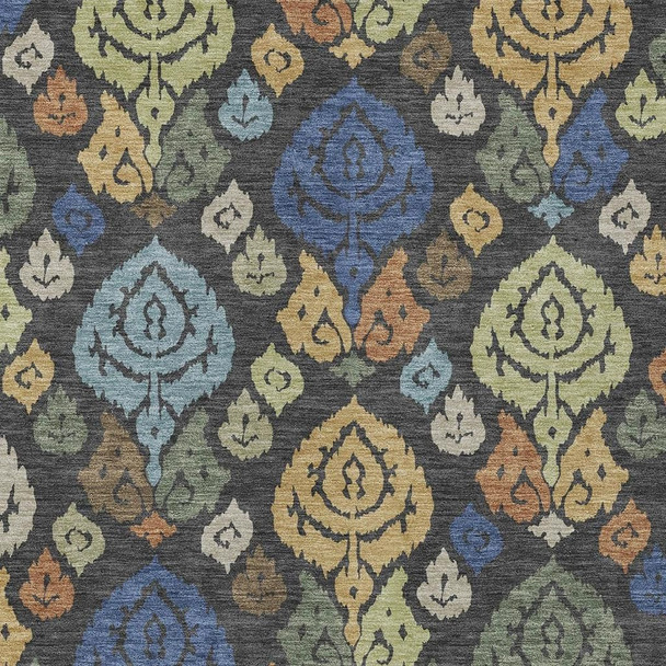 3' X 5' Charcoal And Green Damask Washable Indoor Outdoor Area Rug
