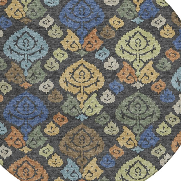 8' Charcoal And Green Round Damask Washable Indoor Outdoor Area Rug