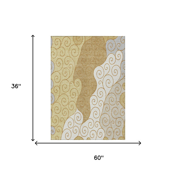 3' X 5' Gold And Wheat Abstract Washable Indoor Outdoor Area Rug