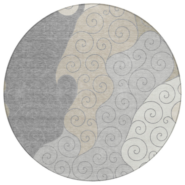 8' Silver And Beige Round Abstract Washable Indoor Outdoor Area Rug