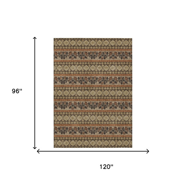 8' X 10' Chocolate And Gold Striped Washable Indoor Outdoor Area Rug