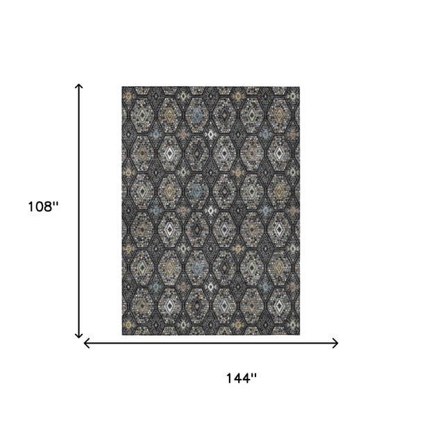 9' X 12' Black And Charcoal Geometric Washable Indoor Outdoor Area Rug
