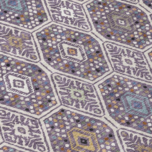 8' Linen And Plum Round Geometric Washable Indoor Outdoor Area Rug