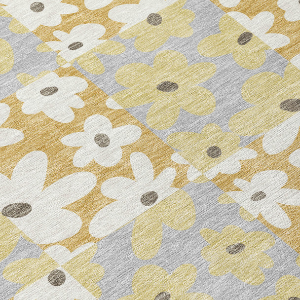 5' X 8' Gold And Ivory Floral Washable Indoor Outdoor Area Rug