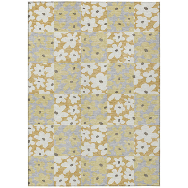 10' X 14' Gold And Ivory Floral Washable Indoor Outdoor Area Rug