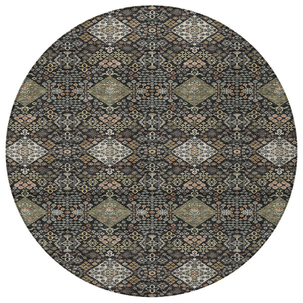 8' Black And Charcoal Round Geometric Washable Indoor Outdoor Area Rug