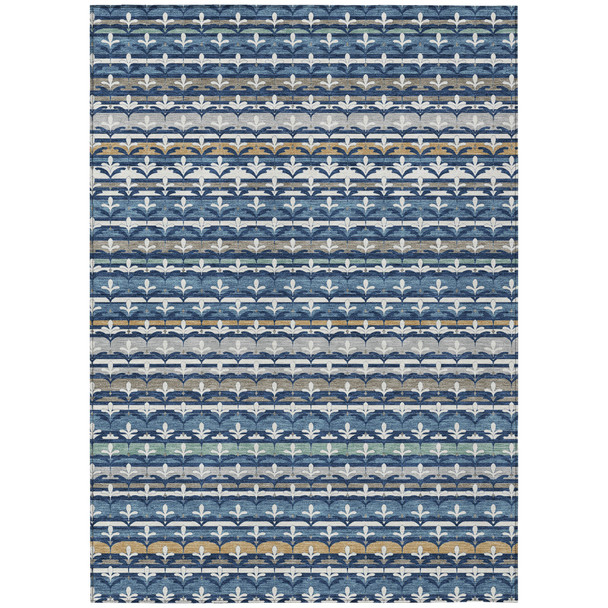 10' X 14' Navy Blue And Blue Damask Washable Indoor Outdoor Area Rug
