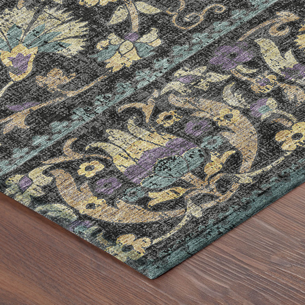 5' X 8' Black And Charcoal Floral Washable Indoor Outdoor Area Rug