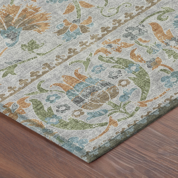 10' X 14' Silver And Brown Floral Washable Indoor Outdoor Area Rug