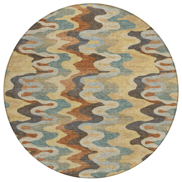 8' Gold And Wheat Round Abstract Washable Indoor Outdoor Area Rug