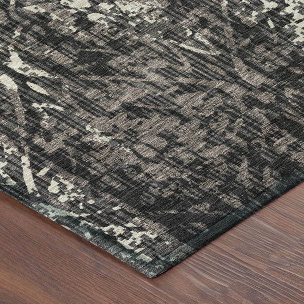 8' Black And Charcoal Round Damask Washable Indoor Outdoor Area Rug