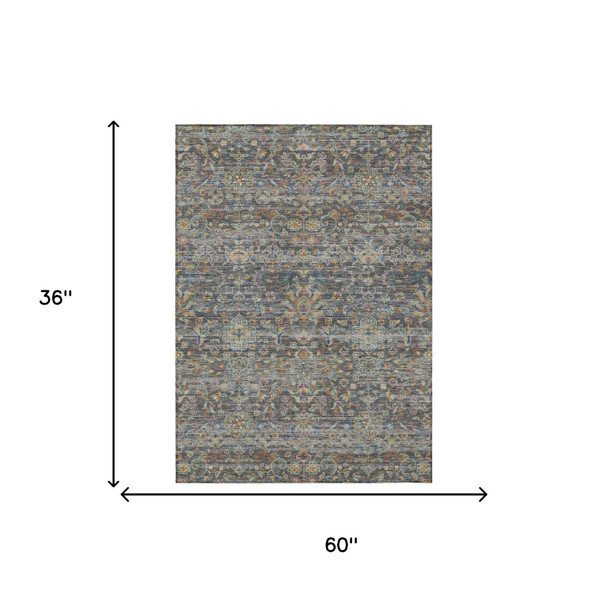 3' X 5' Gray And Silver Floral Medallion Washable Indoor Outdoor Area Rug