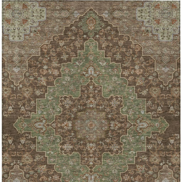 9' X 12' Chocolate And Olive Green Medallion Washable Indoor Outdoor Area Rug