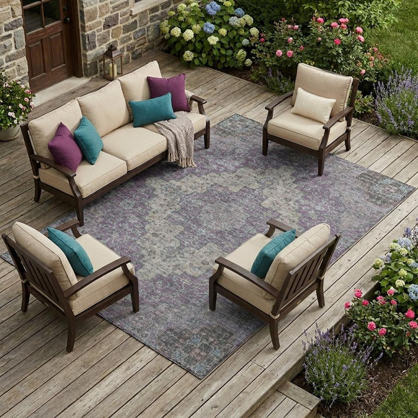 10' X 14' Purple And Plum Medallion Washable Indoor Outdoor Area Rug