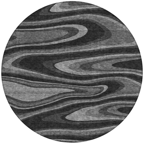 8' Black And Charcoal Round Abstract Washable Indoor Outdoor Area Rug