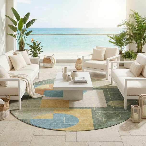 8' Green And Sage Round Geometric Washable Indoor Outdoor Area Rug
