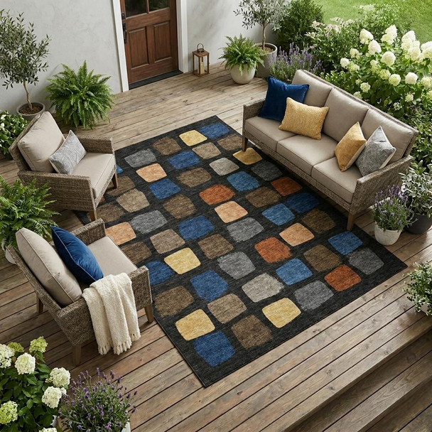 9' X 12' Black And Charcoal Geometric Washable Indoor Outdoor Area Rug