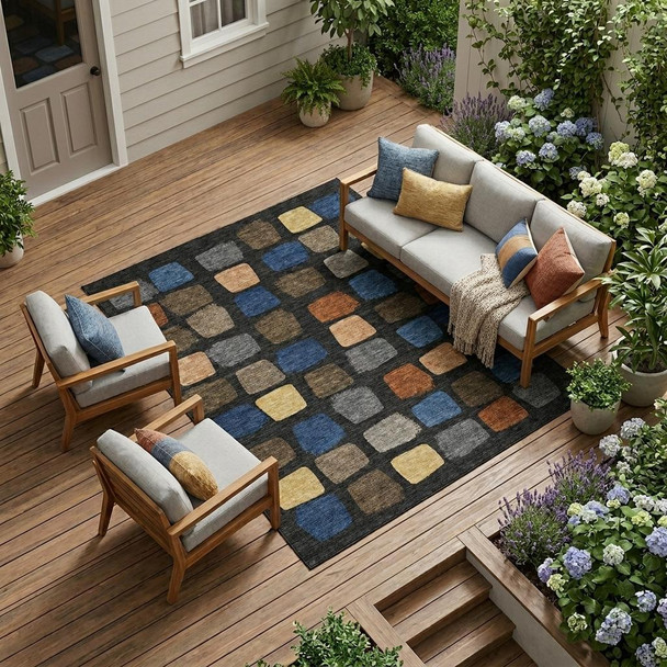 10' X 14' Black And Charcoal Geometric Washable Indoor Outdoor Area Rug