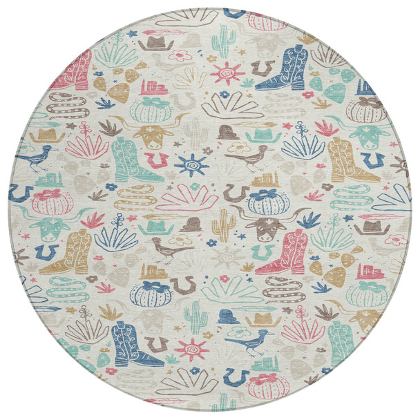 8' Linen And Pink Round Cactus Washable Indoor Outdoor Area Rug