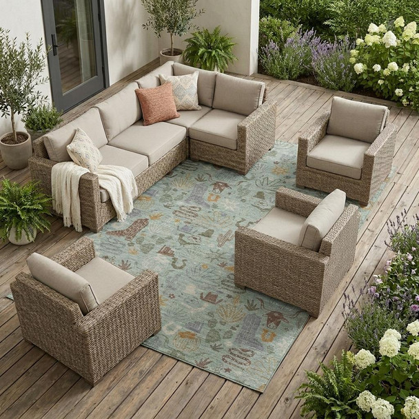9' X 12' Sage And Gold Cactus Washable Indoor Outdoor Area Rug