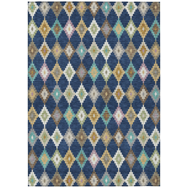 5' X 8' Navy Blue And Chocolate Aztec Washable Indoor Outdoor Area Rug