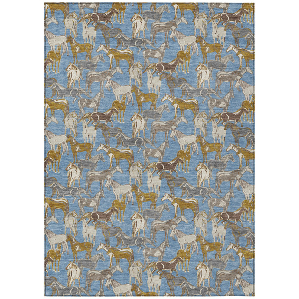 9' X 12' Denim Blue And Beige Horse Washable Indoor Outdoor Area Rug