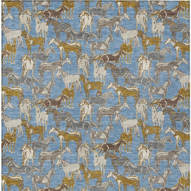 10' X 14' Denim Blue And Beige Horse Washable Indoor Outdoor Area Rug
