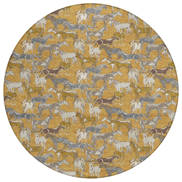 8' Gold And Beige Round Horse Washable Indoor Outdoor Area Rug