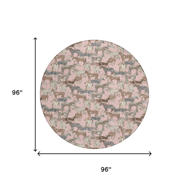 8' Pink And Gray Round Horse Washable Indoor Outdoor Area Rug