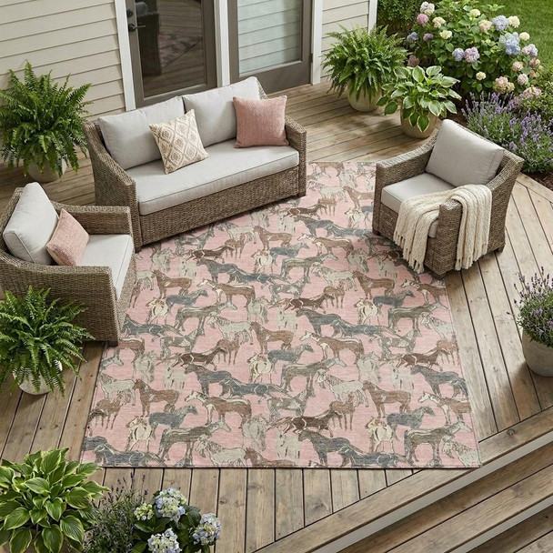 8' X 10' Pink And Gray Horse Washable Indoor Outdoor Area Rug