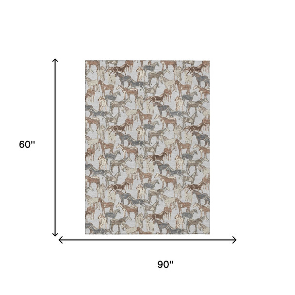 5' X 8' Silver And Gray Horse Washable Indoor Outdoor Area Rug
