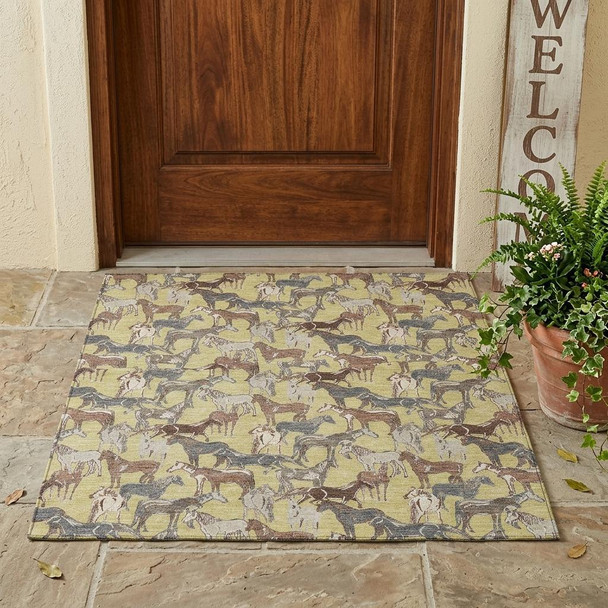 3' X 5' Wheat And Taupe Horse Washable Indoor Outdoor Area Rug