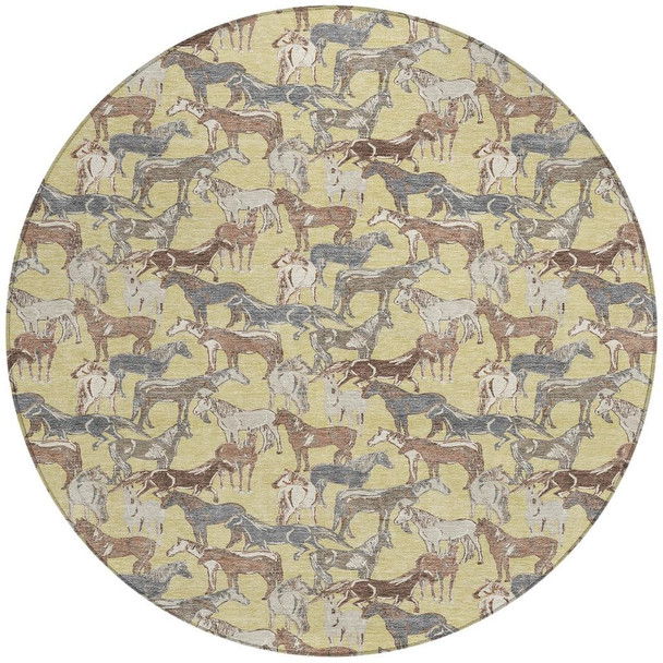 8' Wheat And Taupe Round Horse Washable Indoor Outdoor Area Rug