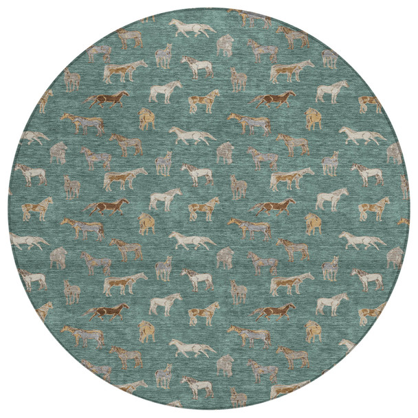 8' Green And Beige Round Horse Washable Indoor Outdoor Area Rug